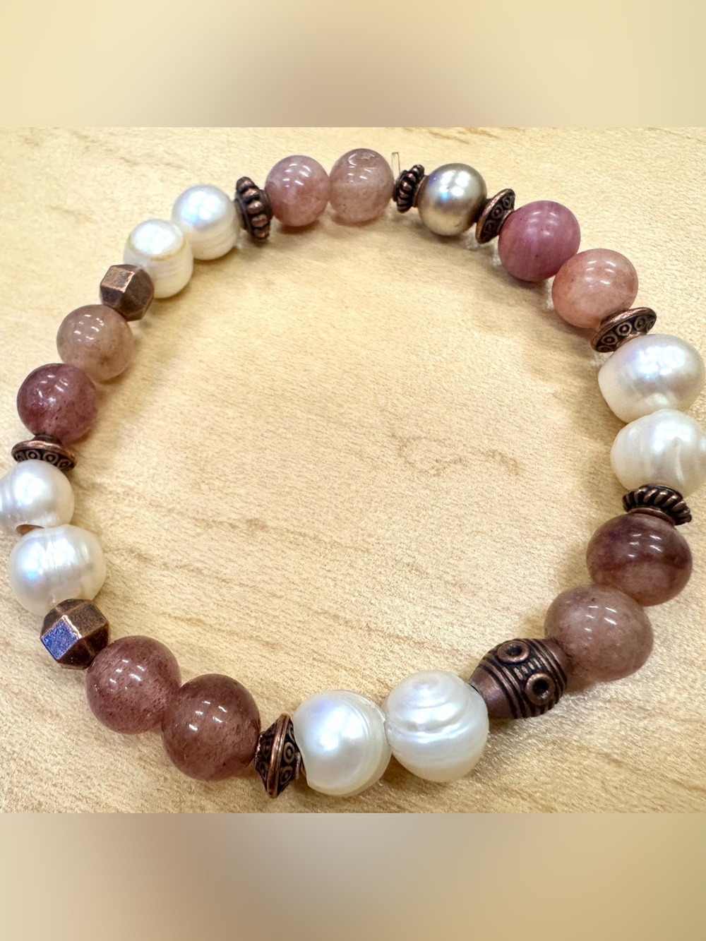 Freshwater Pearl & Rose Quartz Stretchy Bracelet with Copper Accents
